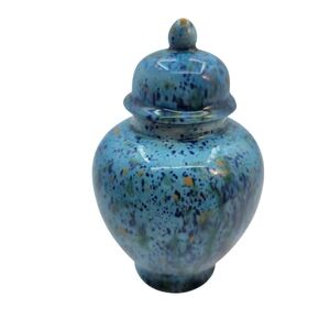blue and green speckled drip glaze studio art lidded jar Mcm Retro